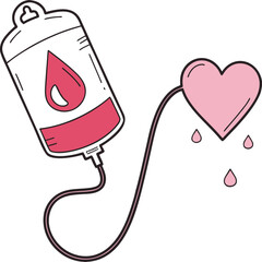 A stylized illustration showing a blood bag connected to a pink heart by a tube, with droplets symbolizing blood donation and the life-giving connection between heart health and giving blood.