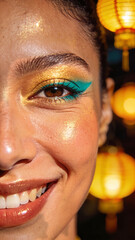 Smiling woman with gold glitter eyeshadow and teal eyeliner. Vertical close up of joyful female face with shimmering skin and blurred lanterns background