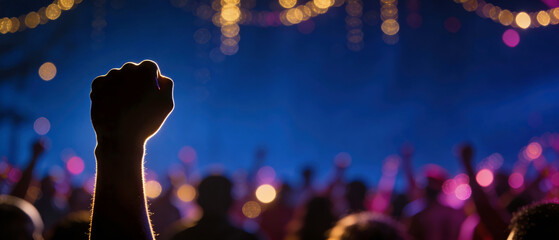 Silhouette of a raised fist against a deep blue background with golden bokeh lights. Symbol of power, unity, and solidarity. Crowd at a concert, rally, African Afrodescendant Culture Day celebration