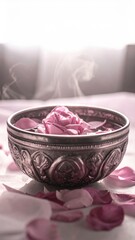 Close Up Of A Pink Rose Floating In A Silver Ornate Bowl With Petals Scattered Around In Soft Natural Lighting