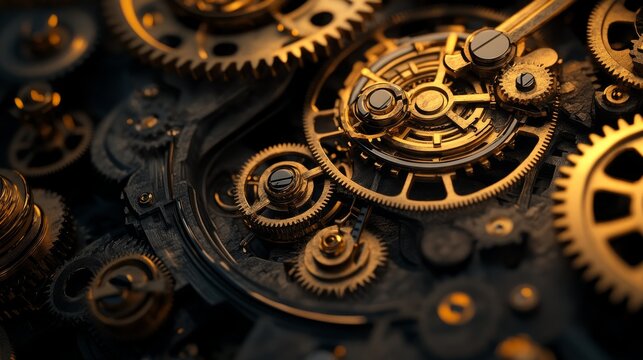 Impossibly complex clockwork mechanism with hundreds of interlocking gears of varying materials from brass to damascus steel, background fading to black to emphasize the mechanical poetry, dust