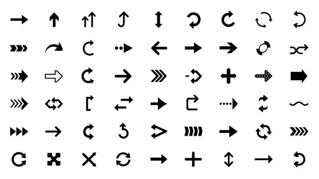 Extensive collection of diverse black arrow icons and directional symbols for navigation, user interface, and graphic design projects