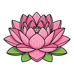 Elegant Pink Lotus Flower Illustration with Detailed Petals and Green Leaves.
