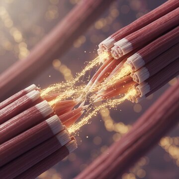 Microscopic 3D view of red muscle fibers with glowing energy sparks and connections