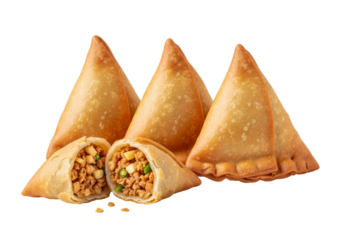 crispy vegetable samosas with spiced potato pea filling on white background