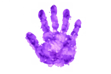 Purple watercolor handprint art creating a vibrant splash effect, showing creativity and childhood fun on a transparent background