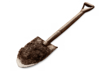 Shovel tool with d-grip and wooden handle covered in brown soil, ready for gardening work, transparent background