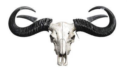 Buffalo Skull With Large Curved Horns Isolated On White Background.