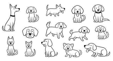 Fototapeta premium Collection of adorable dog breeds line art illustration isolated on, showcasing various canine characters and their unique features