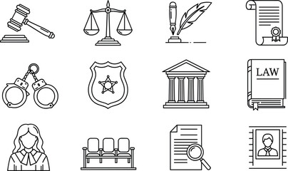 Complete law and justice line icon set featuring judge gavel scales of justice handcuffs police badge courthouse and legal document symbols