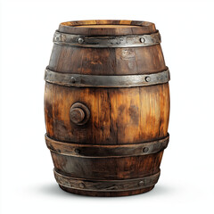 Obraz premium Wooden Barrel Isolated on White Background, Rustic Oak Wine and Whiskey Cask, Vintage Storage Container, Alcohol and Brewery Concept