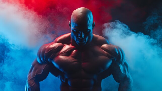 Dramatic overhead lighting casting shadows across perfectly sculpted physique of bald bodybuilder, extraordinary muscle development visible in every part of torso, six-pack abs appearing carved from
