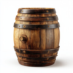 Obraz premium Wooden Barrel Isolated on White Background, Rustic Oak Wine and Whiskey Cask, Vintage Storage Container, Alcohol and Brewery Concept