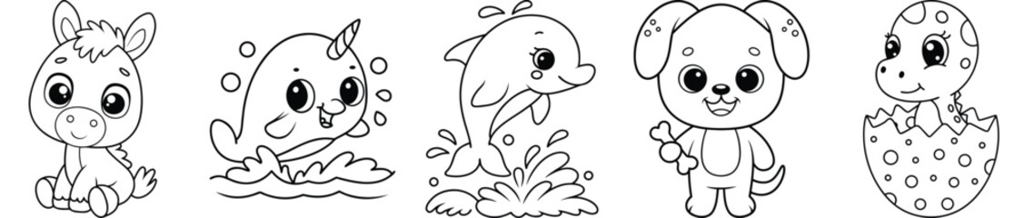 Adorable Animal Characters Set For Kids Coloring Book, Kawaii Cartoon Creatures Vector Illustration