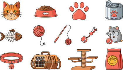 Complete cat care and pet supplies icon set featuring cat face food bowls paw prints scratching posts carrying crates and toys for feline lovers