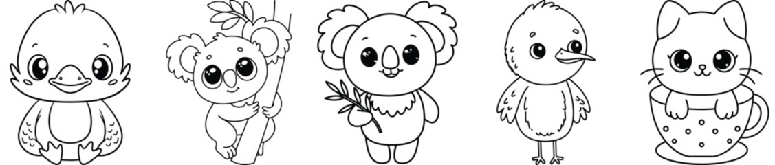 Adorable Animal Characters Collection Featuring Koala, Owl, Penguin, And Bird Line Art