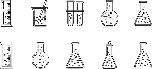 Complete laboratory glassware icon set featuring beakers test tubes graduated cylinders and flasks with bubbling chemical liquids for science and research designs