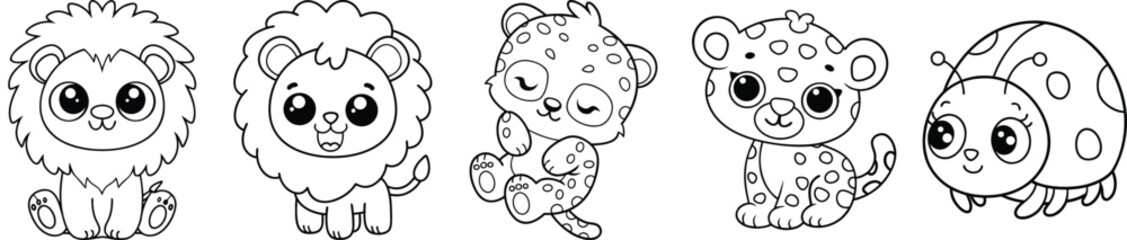 Adorable Cartoon Animals Collection Featuring Lion Cub And Leopard Design For Childrens Books