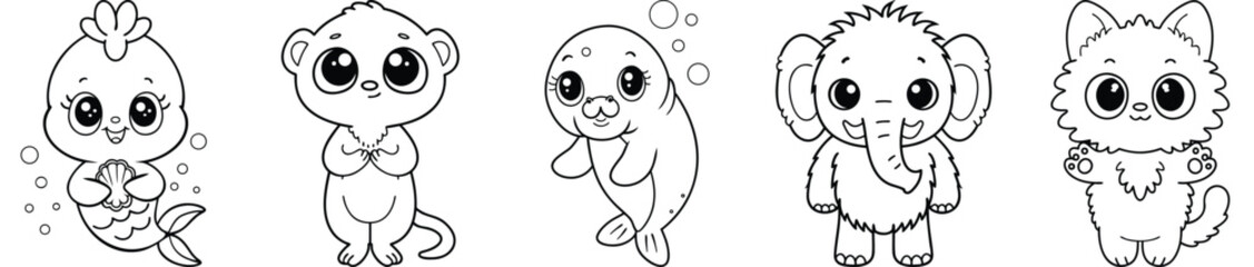 Adorable Sea Creatures Collection Featuring Otter, Seahorse, Manatee, Elephant Seal And Kitten Outline