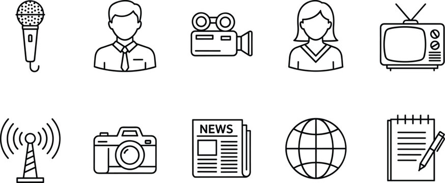 Complete journalism and mass media line icon set featuring news reporters microphones video cameras television broadcasting newspaper and global communication symbols