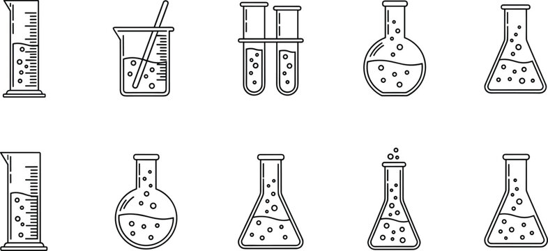 Complete laboratory glassware icon set featuring beakers test tubes graduated cylinders and flasks with bubbling chemical liquids for science and research designs