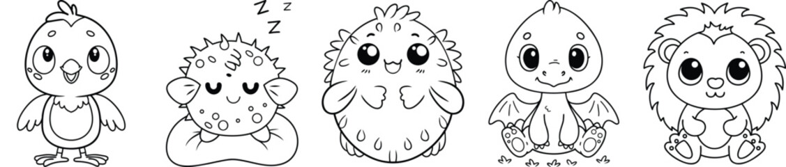 Adorable Cartoon Creatures Collection, Kawaii Animals, Cute Monster Designs For Kids Coloring Pages