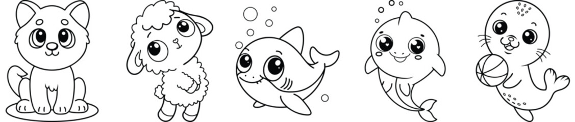 Adorable Animal Characters Set, Kawaii Dolphin, Seal, Cat, Rabbit, Vector Illustration For Children
