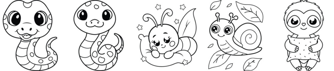 Adorable Reptile Collection Featuring Cartoon Turtle, Snake, Lizard, And Crocodile Line Art