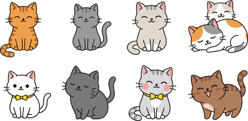 Obraz premium Adorable set of cute kawaii cat characters in various poses and colors including ginger grey white and calico kittens for stickers and icons
