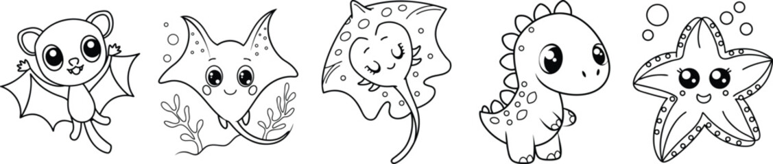 Cute Marine Life Collection Featuring Seahorse, Starfish, Ray, Turtle And Octopus Vector Illustration