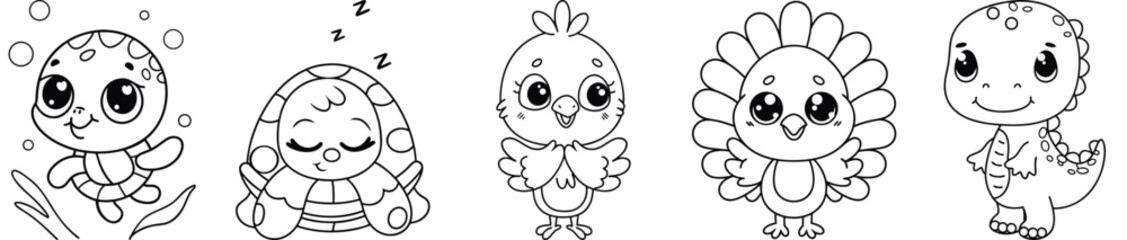 Adorable Sea Creatures Collection Featuring Turtle, Crab, Seahorse, Bird, And Fish Vector Illustration