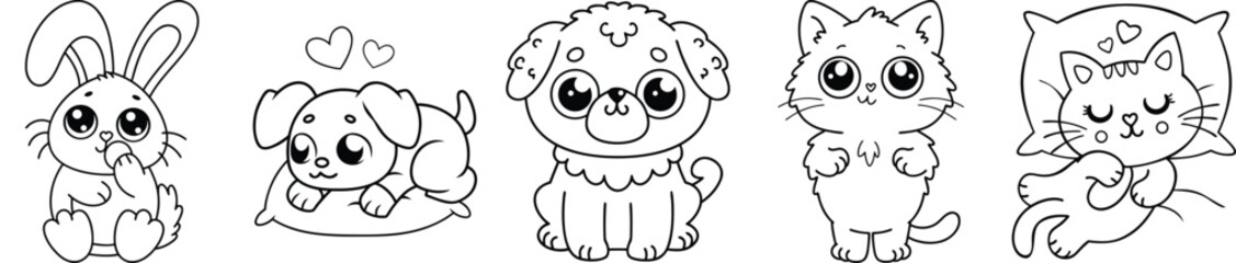 Adorable Animal Characters Set, Kawaii Pet Illustrations, Cute Doodle Clipart For Kids
