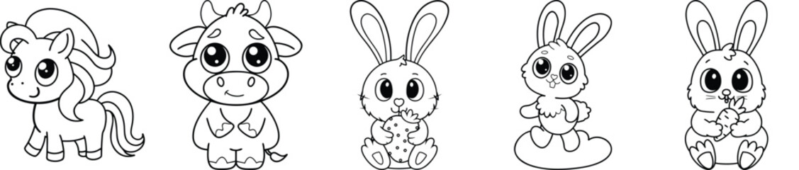 Adorable Cartoon Animals Collection Featuring Bunnies And A Horse For Childrens Illustrations