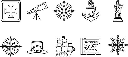 Complete nautical and maritime exploration icon set featuring a sailing ship anchor compass telescope treasure map ship wheel and historical symbols