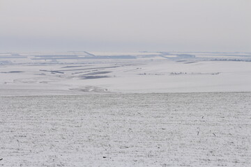 A snowy landscape with a mountain in the distance