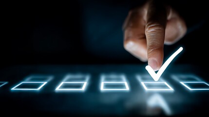 Close-up of a finger pressing a glowing checkmark on a digital display