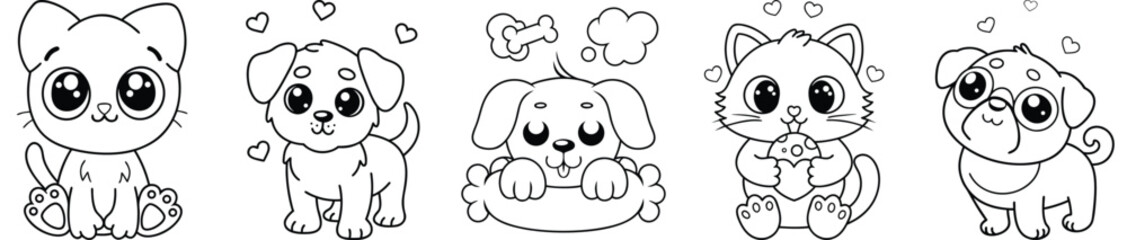 Adorable Puppy And Kitten Stickers Set, Cute Animal Characters For Kids, Black And White Outline
