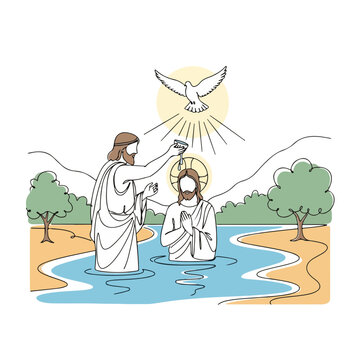 Line art illustration of the sacred baptism of Christ in Jordan river, showing John Baptist immersing Jesus and a dove. This pivotal event symbolizes divine grace.