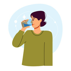 Woman Drinking Glass of Clean Water. H2O Consumption and Healthy Drink Concept. Healthy Lifestyle. Flat Vector Illustration.