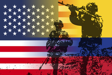 Conceptual illustration of US and Colombia military relations featuring soldier silhouettes and national flags. Geopolitical tension, international conflict, or defense cooperation theme