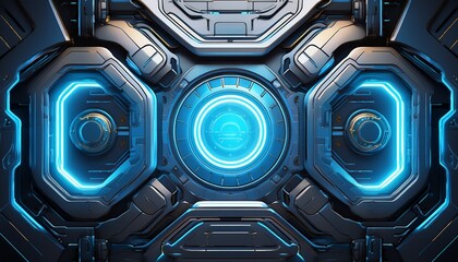 futuristic spaceship metal hatch with blue glowing lights