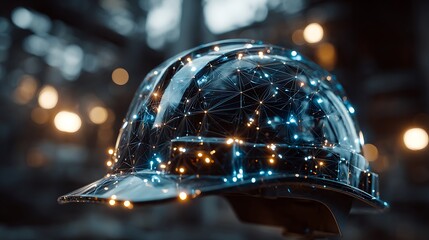 A close-up shot of a glossy, futuristic construction hat with a network of glowing lights