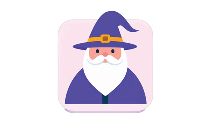 Cartoon Wizard Icon with Pointed Hat and White Beard.