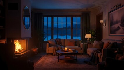 Cozy Living Room with Fireplace and Large Window at Night.