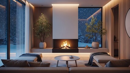 Modern living room with fireplace and large windows overlooking a snowy winter landscape at night.