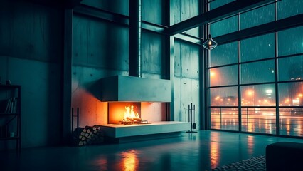 Modern Industrial Loft Interior with Cozy Fireplace and City Night View.