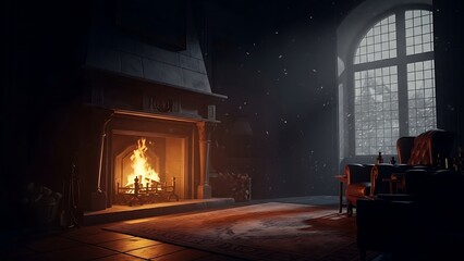 Cozy Fireplace Glow in a Dimly Lit Historic Room with Large Window.
