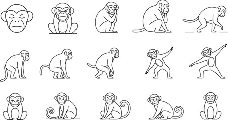 Complete collection of monkey poses featuring various silhouettes of primates including sitting walking thinking and expressive monkey head line art © MstGulzan