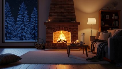 Cozy Winter Evening by the Fireplace with Snow-Covered Trees Outside.