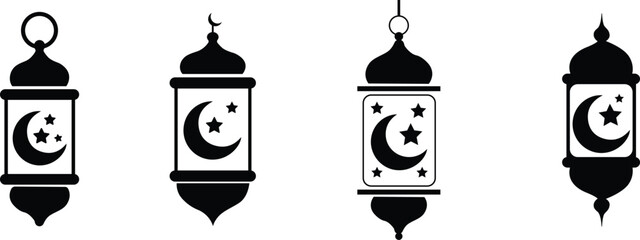 Naklejka premium Black and white Ramadan lantern icons set with crescent moon stars traditional Islamic decorative hanging lamps minimalist vector illustration for religious festival design use